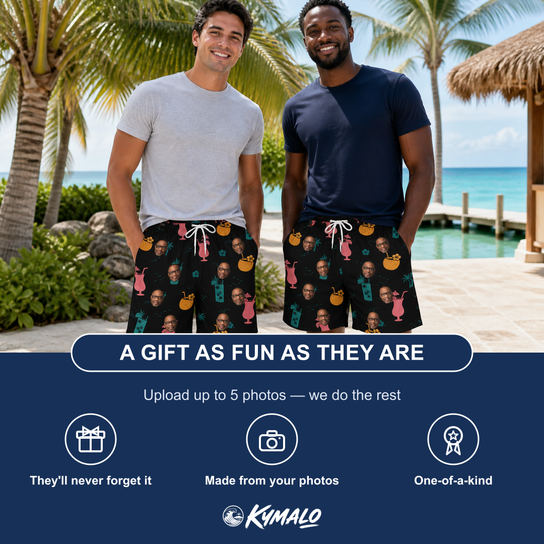 Friends in matching Men's Pour Decisions Custom Face Beach Shorts — a group gift photo