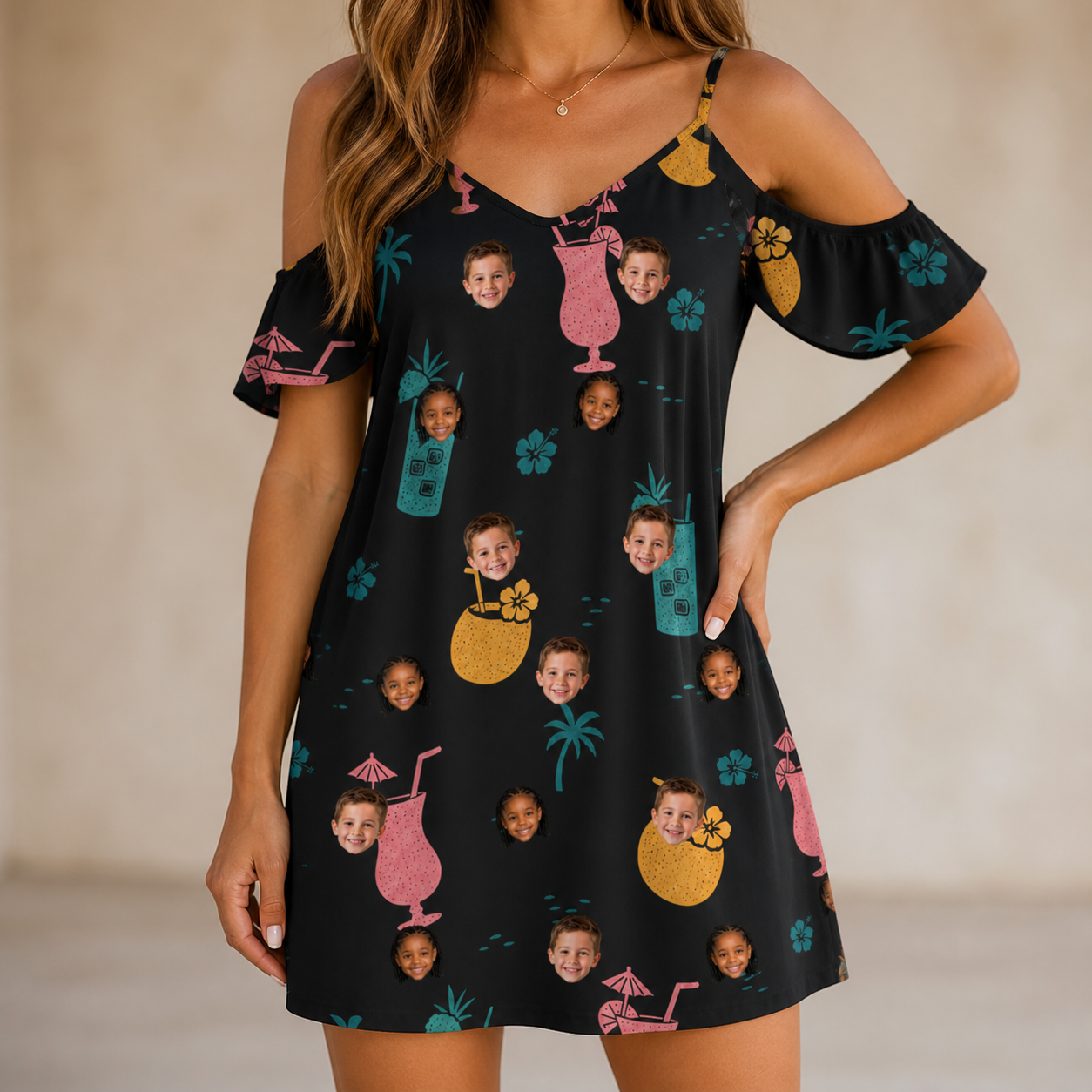 Model wearing Women's Pour Decisions Custom Face Off-Shoulder Dress printed with kids' faces