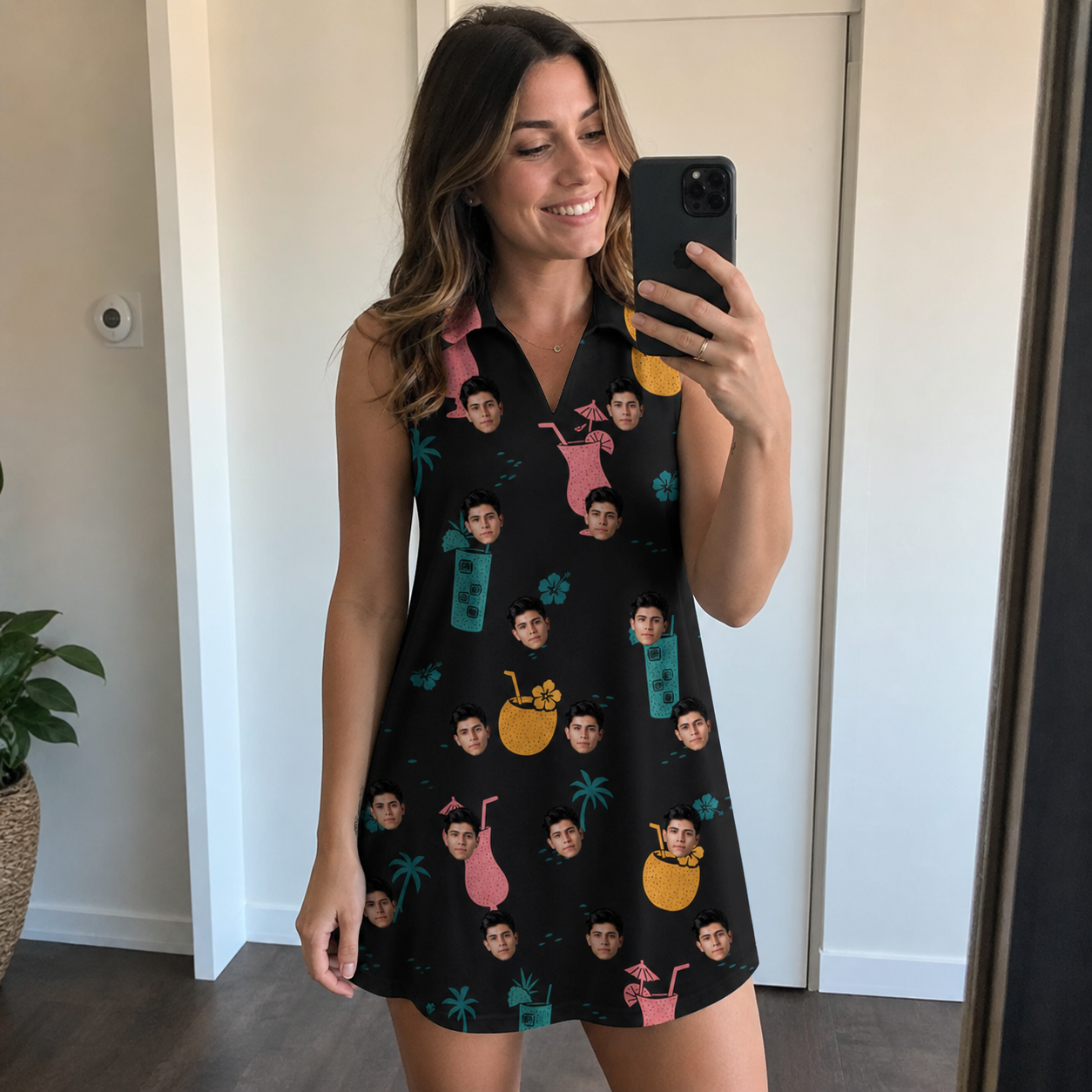 Real-life photo of someone wearing Women's Pour Decisions Custom Face V-Neck Dress — custom faces printed all-over
