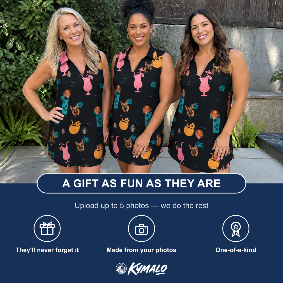 Friends in matching Women's Pour Decisions Custom Face V-Neck Dress — a group gift photo