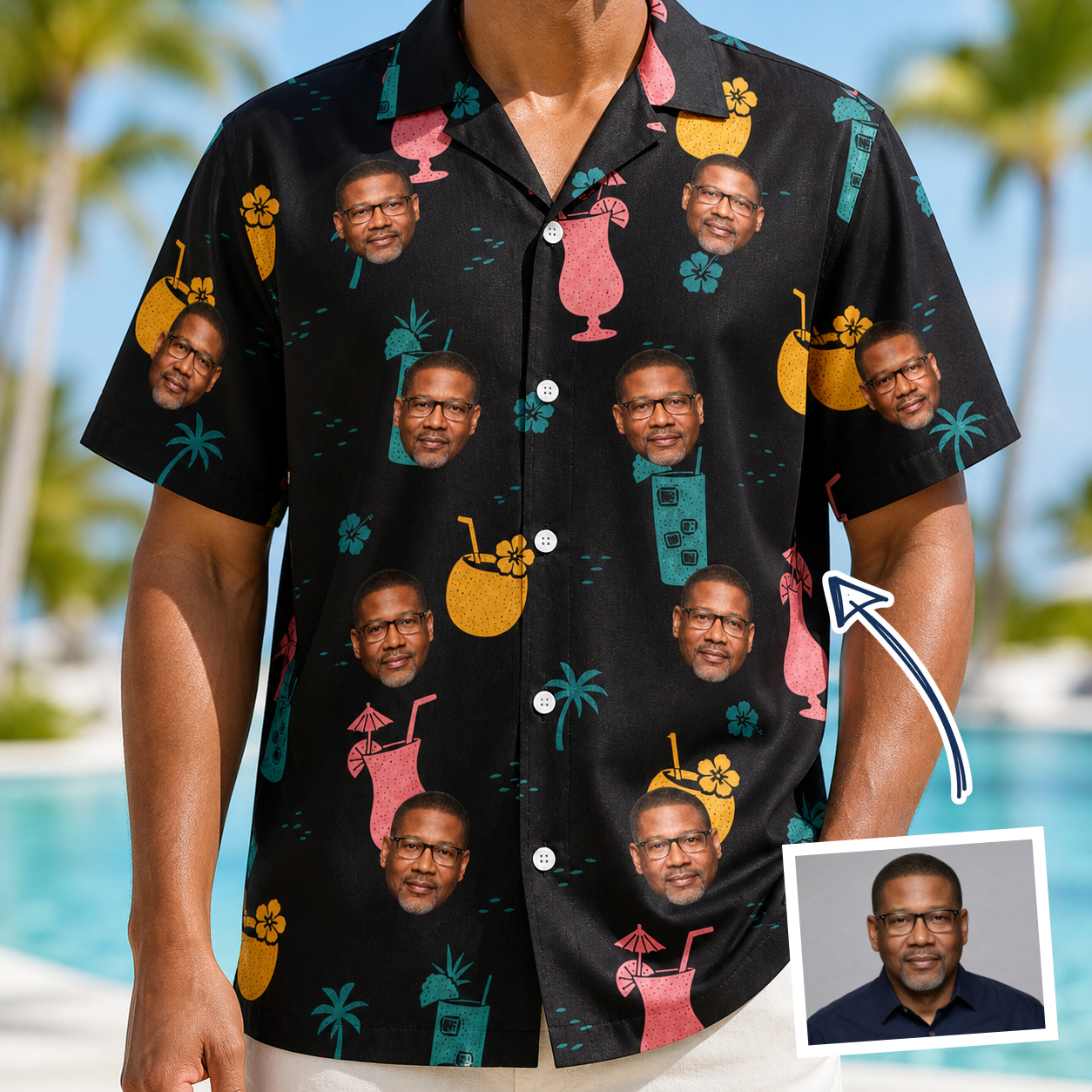 Man wearing Men's Pour Decisions Custom Face Hawaiian Shirt — custom faces printed all-over