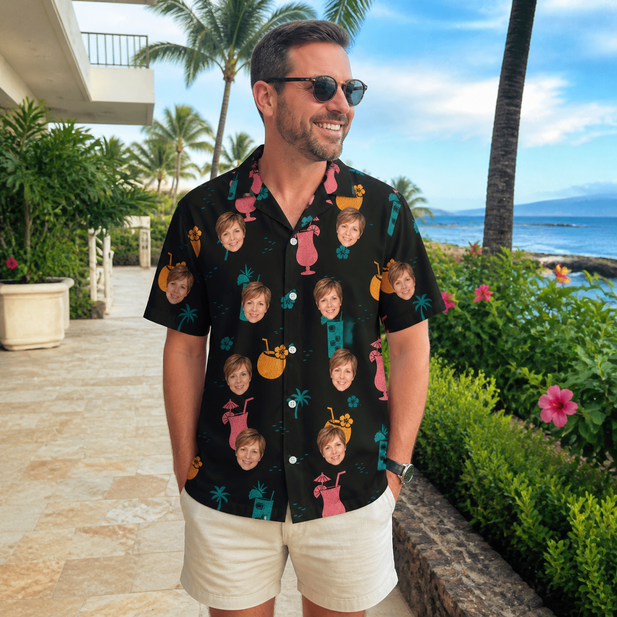 Real-life photo of someone wearing Men's Pour Decisions Custom Face Hawaiian Shirt — custom faces printed all-over