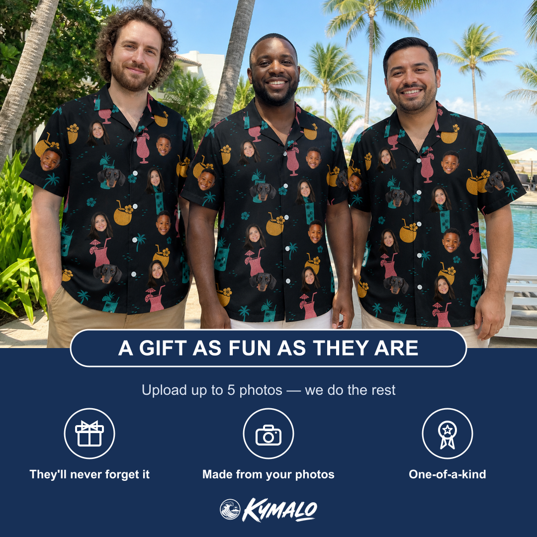 Friends in matching Men's Pour Decisions Custom Face Hawaiian Shirt — a group gift photo