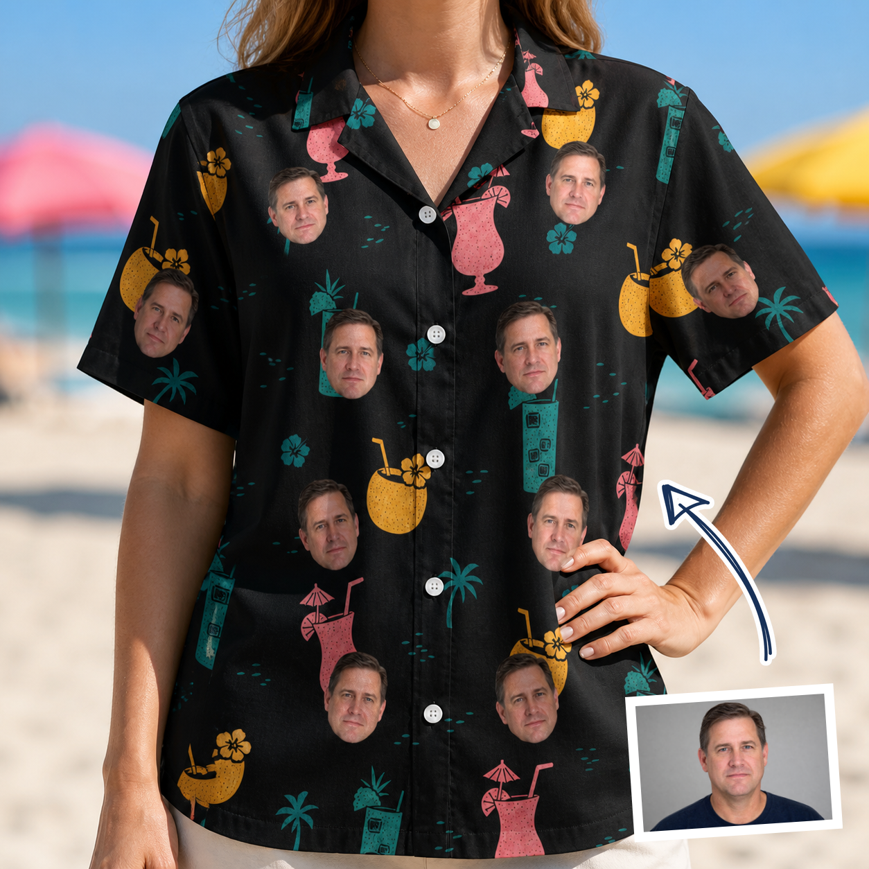 Woman wearing Women's Pour Decisions Custom Face Hawaiian Shirt — custom faces printed all-over