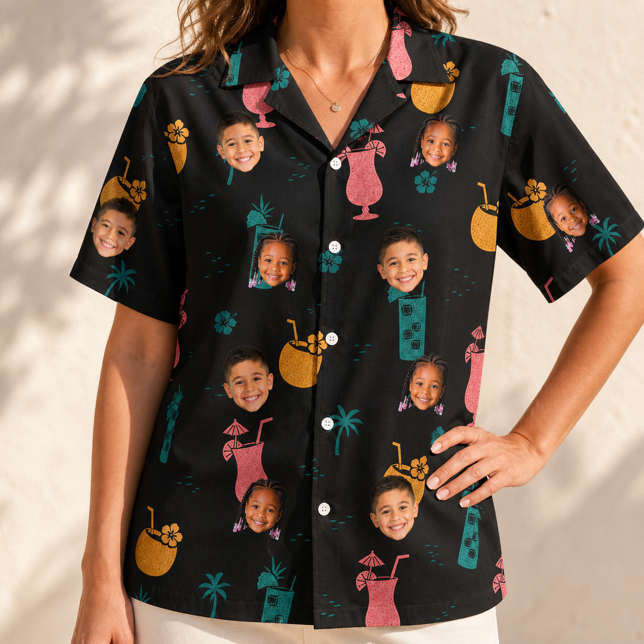 Model wearing Women's Pour Decisions Custom Face Hawaiian Shirt printed with kids' faces