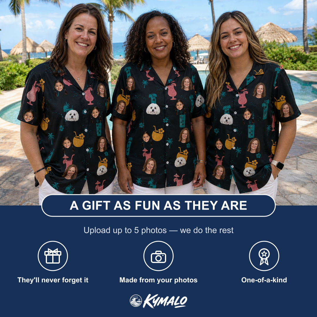 Friends in matching Women's Pour Decisions Custom Face Hawaiian Shirt — a group gift photo
