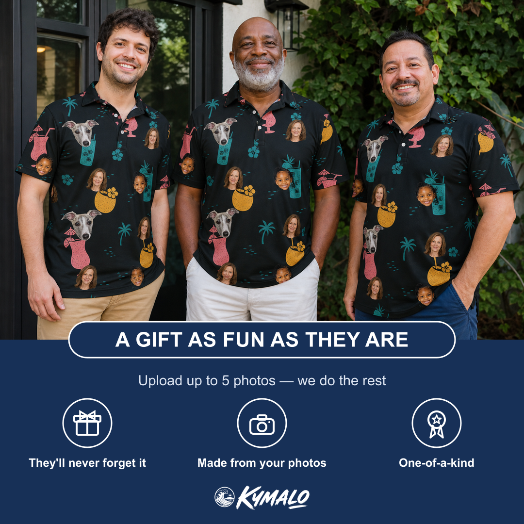 Friends in matching Men's Pour Decisions Custom Face Polo Shirt — a group gift photo
