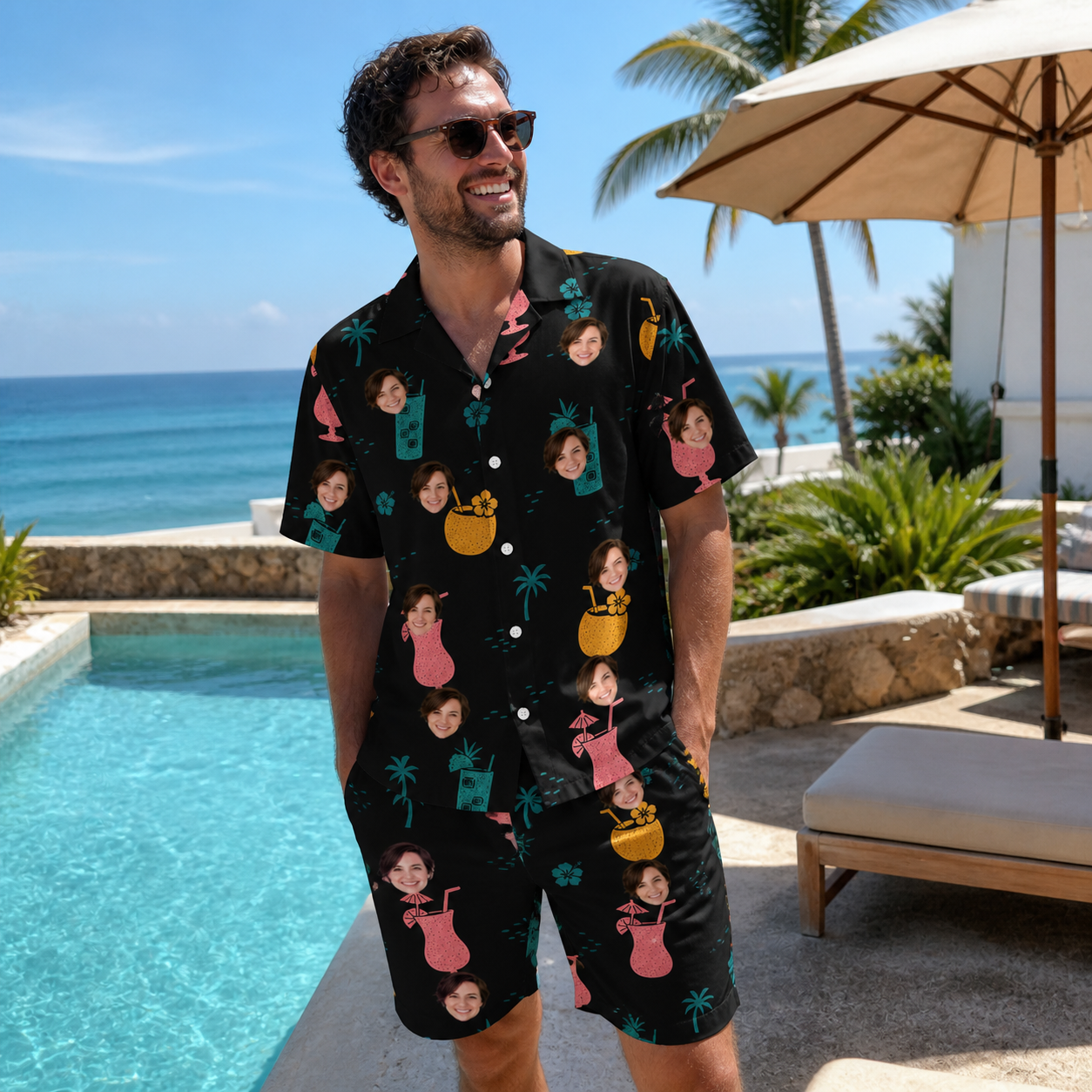 Real-life photo of someone wearing Men's Pour Decisions Custom Face Shirt & Shorts Set — custom faces printed all-over
