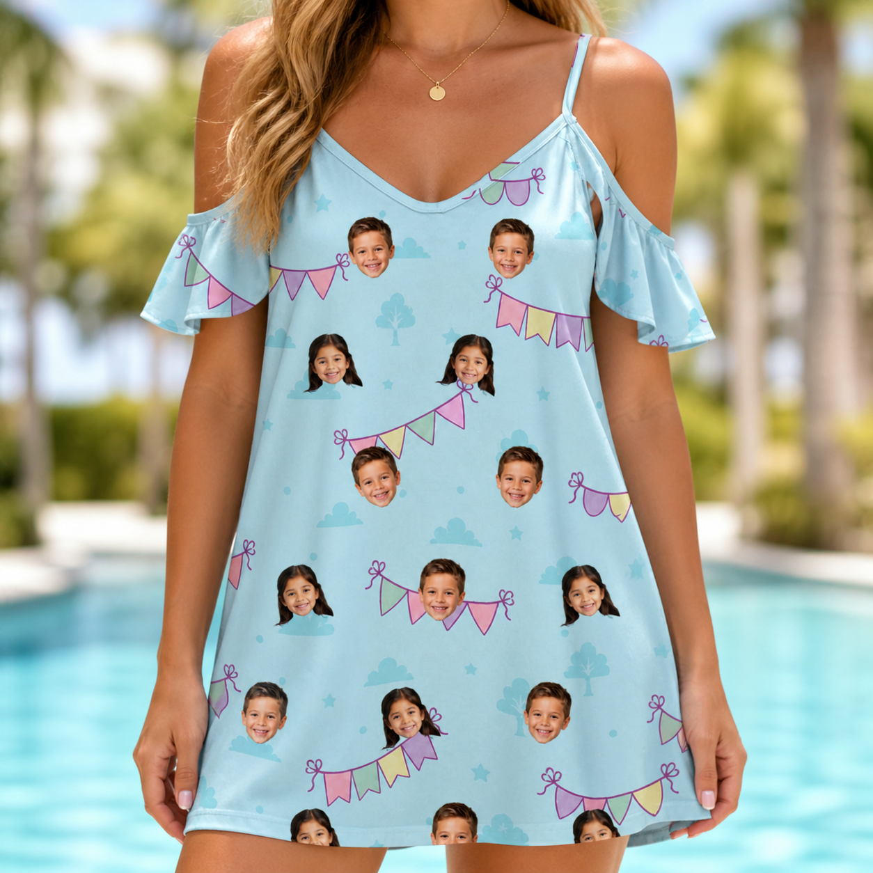Model wearing Women's Festoon Fling Custom Face Off-Shoulder Dress printed with kids' faces