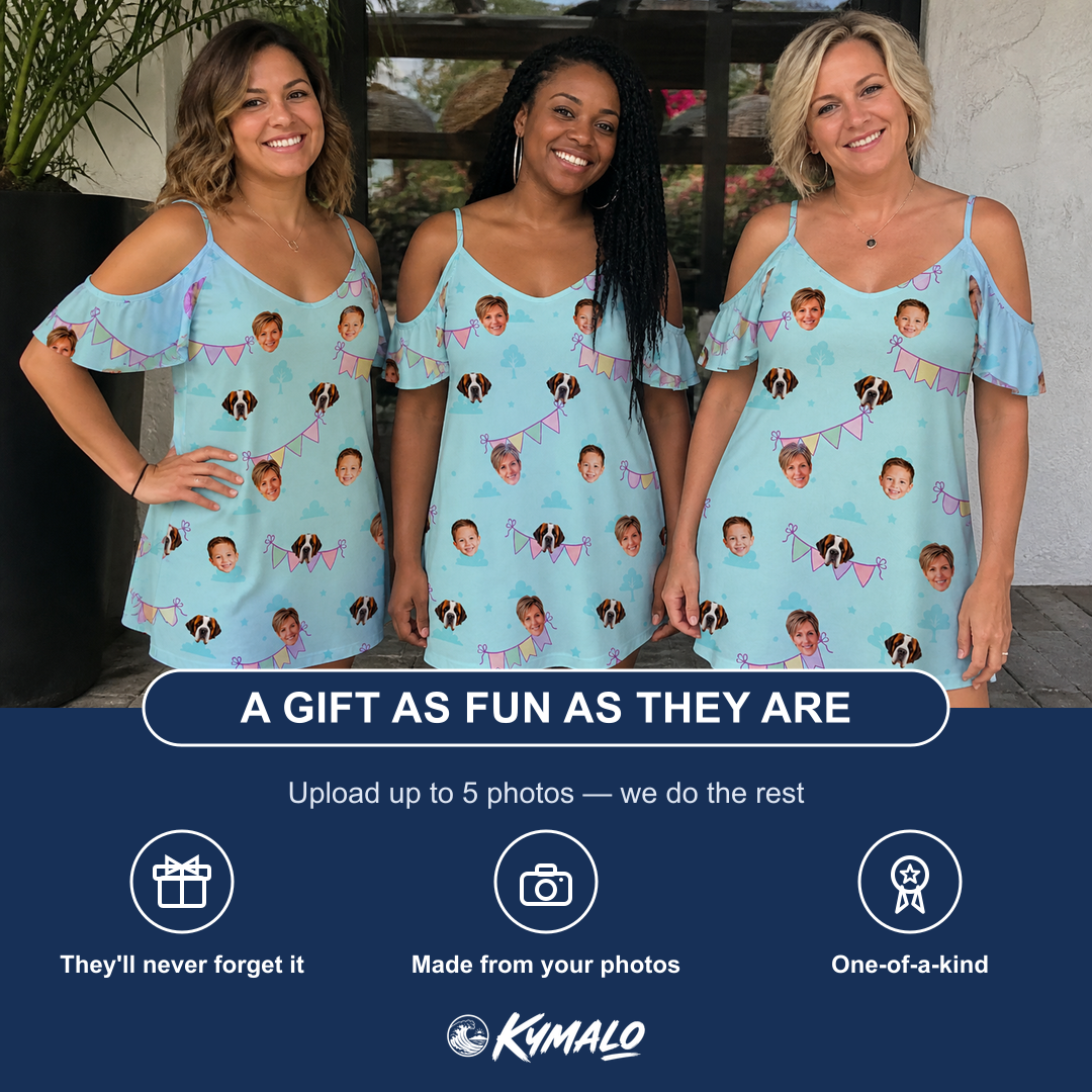 Friends in matching Women's Festoon Fling Custom Face Off-Shoulder Dress — a group gift photo