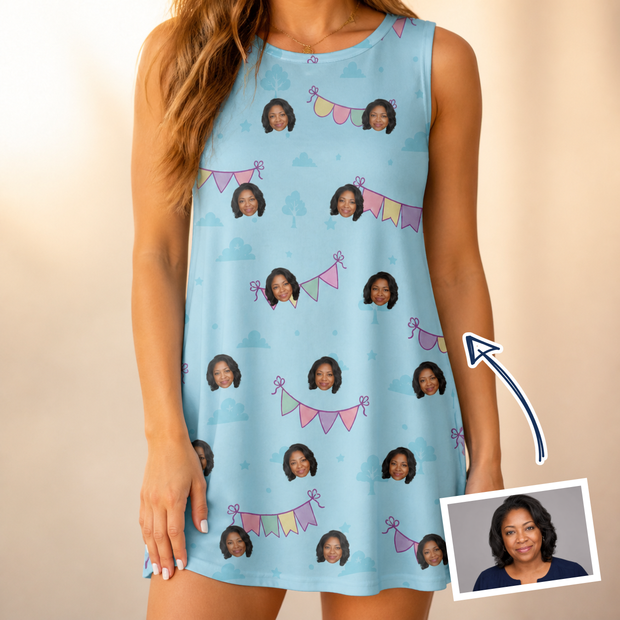 Woman wearing Women's Festoon Fling Custom Face Tank Dress — custom faces printed all-over