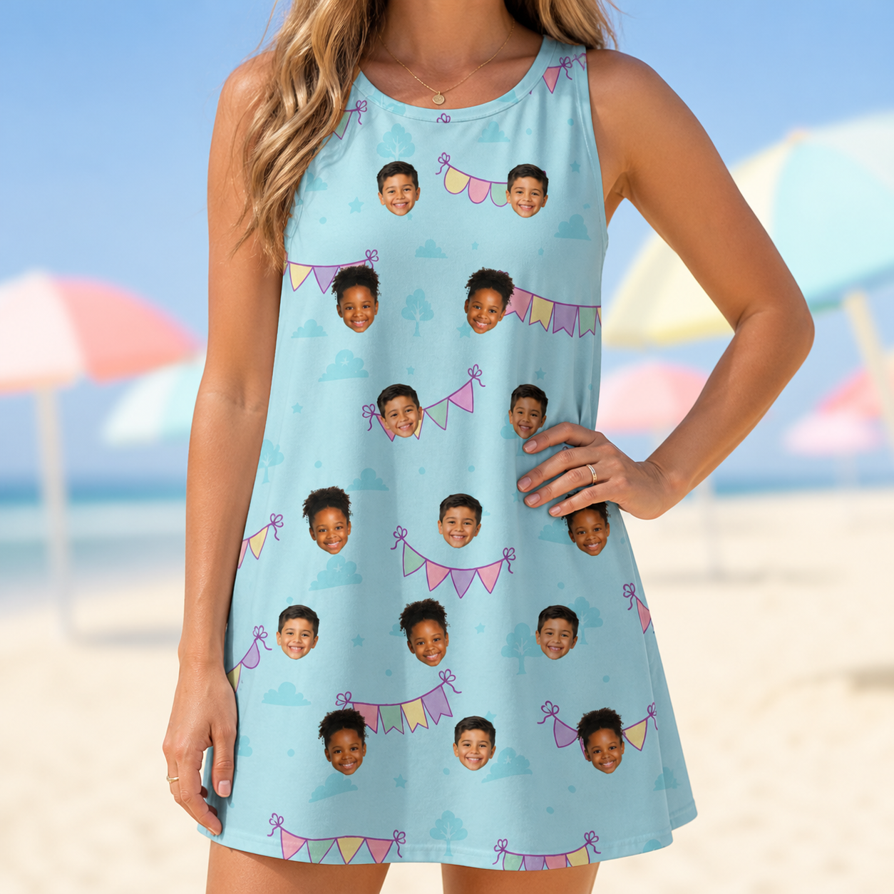 Model wearing Women's Festoon Fling Custom Face Tank Dress printed with kids' faces