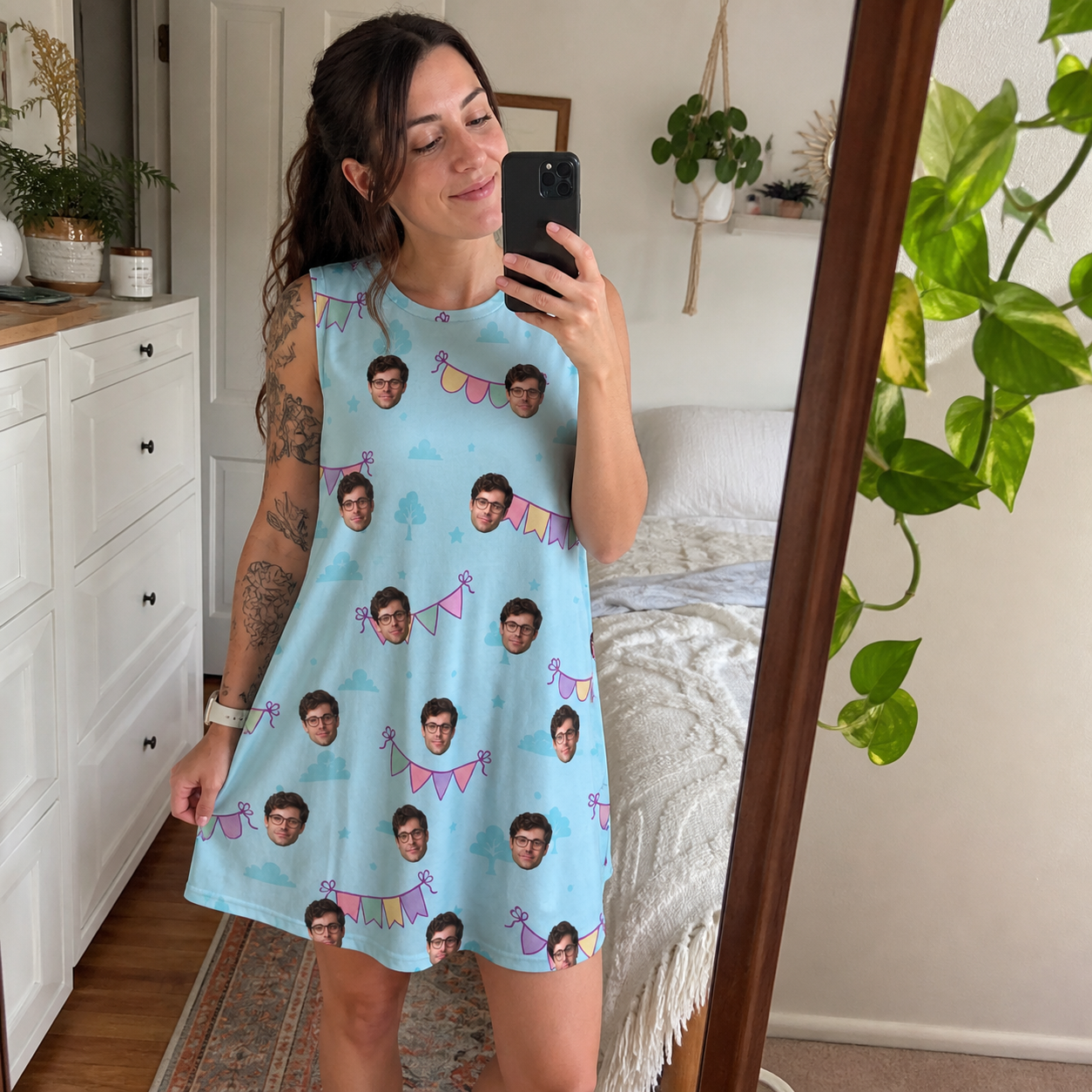 Real-life photo of someone wearing Women's Festoon Fling Custom Face Tank Dress — custom faces printed all-over