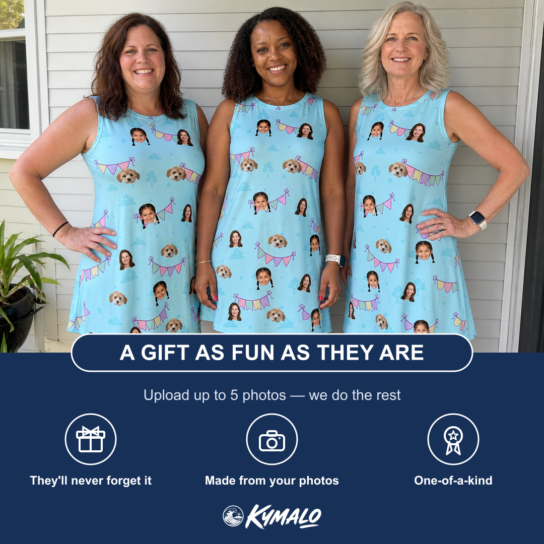 Friends in matching Women's Festoon Fling Custom Face Tank Dress — a group gift photo