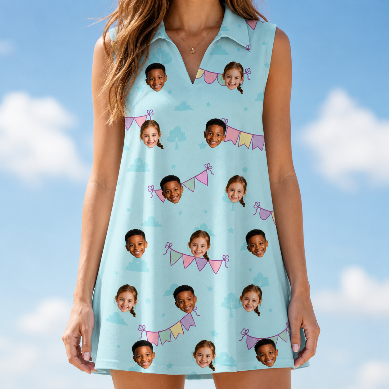 Model wearing Women's Festoon Fling Custom Face V-Neck Dress printed with kids' faces