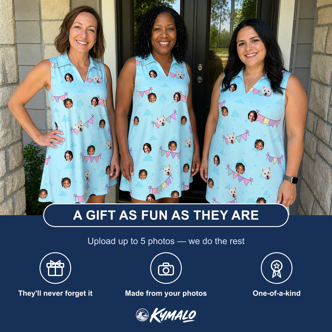 Friends in matching Women's Festoon Fling Custom Face V-Neck Dress — a group gift photo