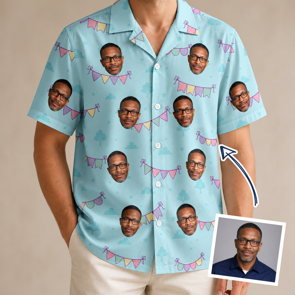 Man wearing Men's Festoon Fling Custom Face Hawaiian Shirt — custom faces printed all-over