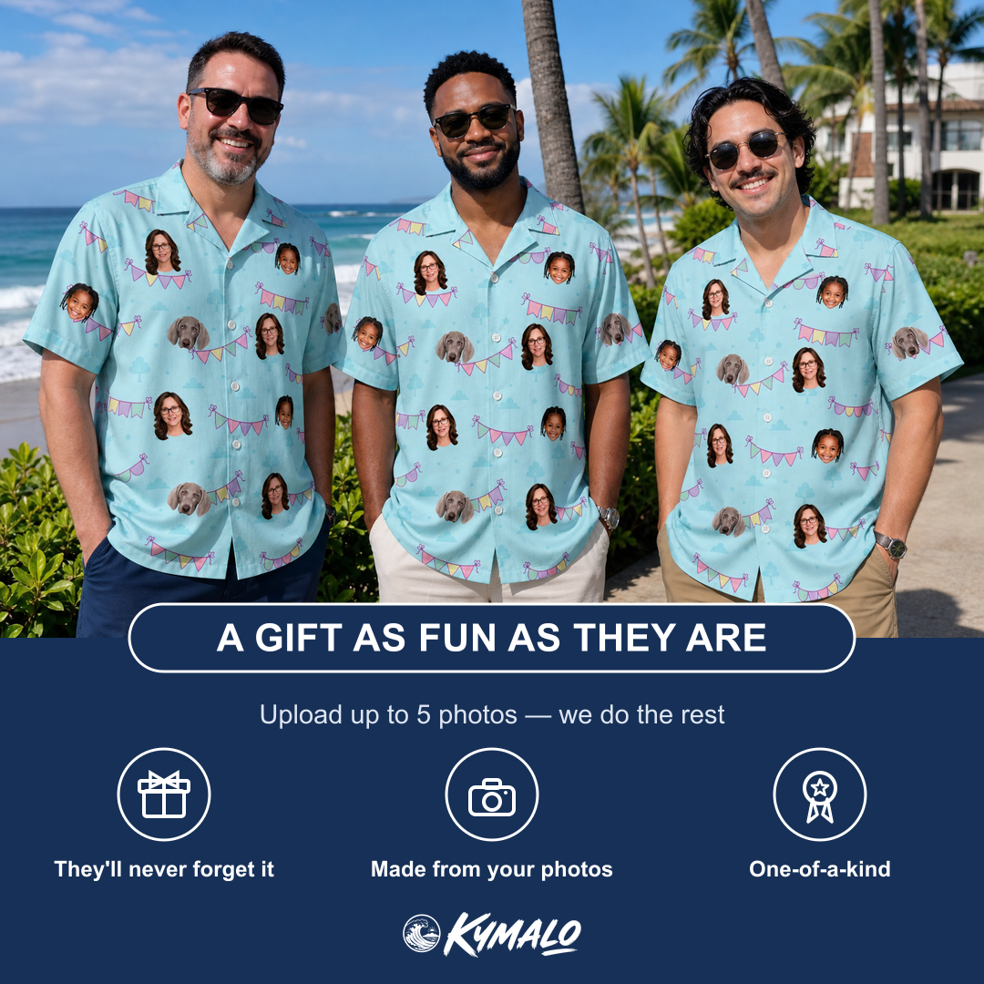 Friends in matching Men's Festoon Fling Custom Face Hawaiian Shirt — a group gift photo