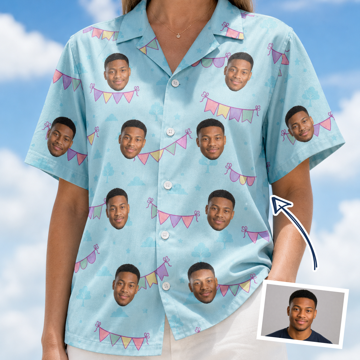 Woman wearing Women's Festoon Fling Custom Face Hawaiian Shirt — custom faces printed all-over