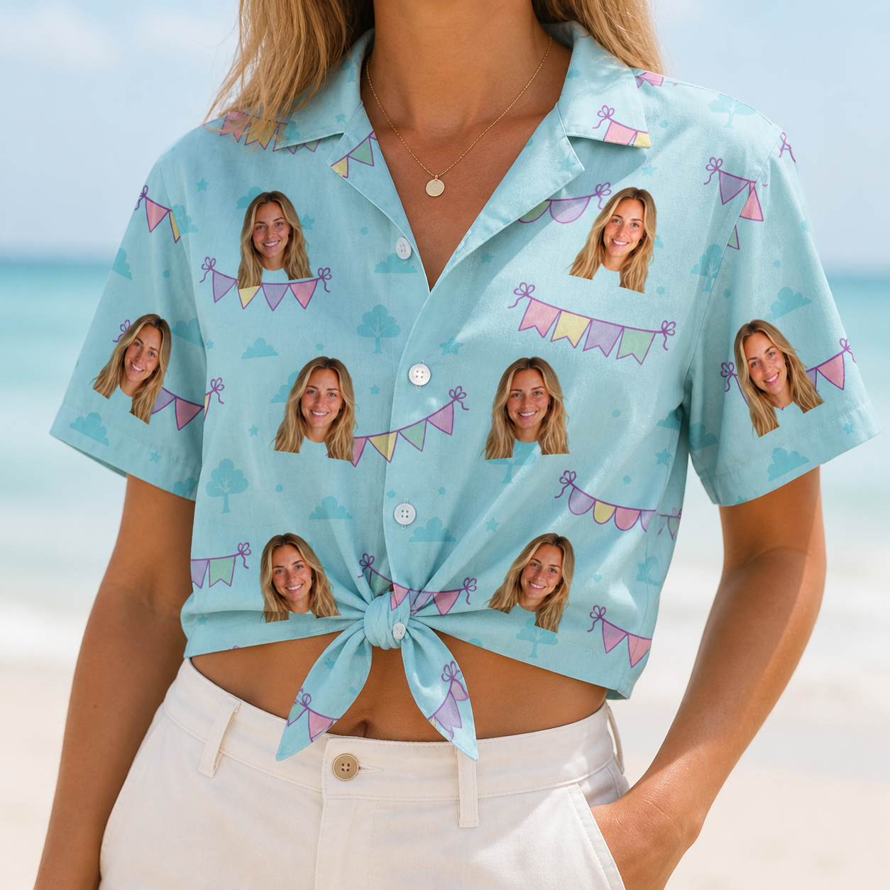 Woman wearing Women's Festoon Fling Custom Face Hawaiian Shirt tied at the waist