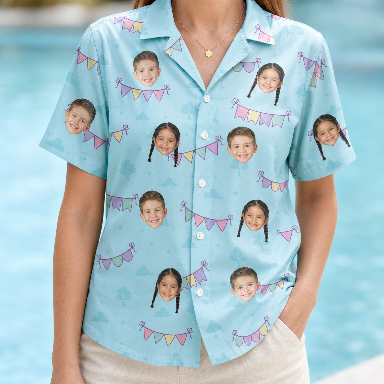 Model wearing Women's Festoon Fling Custom Face Hawaiian Shirt printed with kids' faces