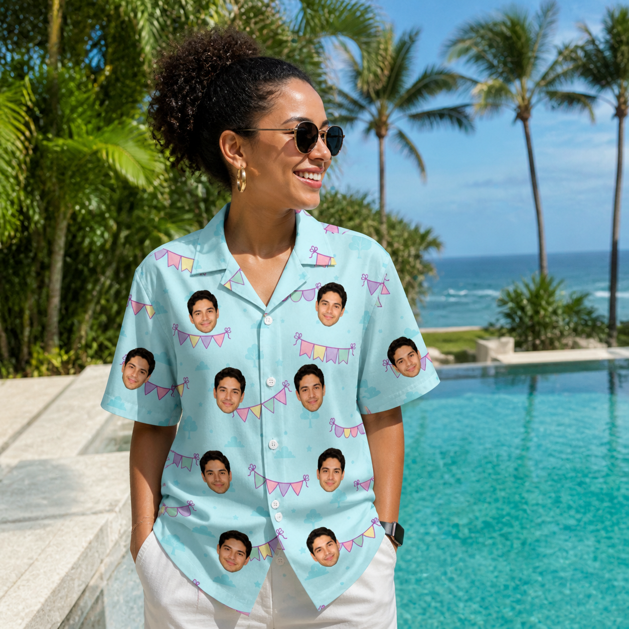 Real-life photo of someone wearing Women's Festoon Fling Custom Face Hawaiian Shirt — custom faces printed all-over