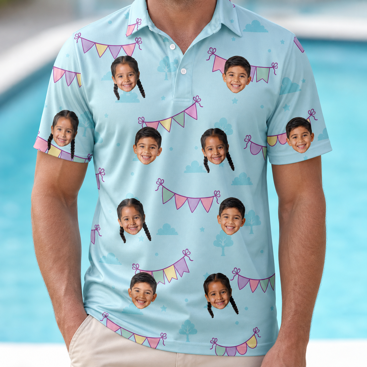Model wearing Men's Festoon Fling Custom Face Polo Shirt printed with kids' faces