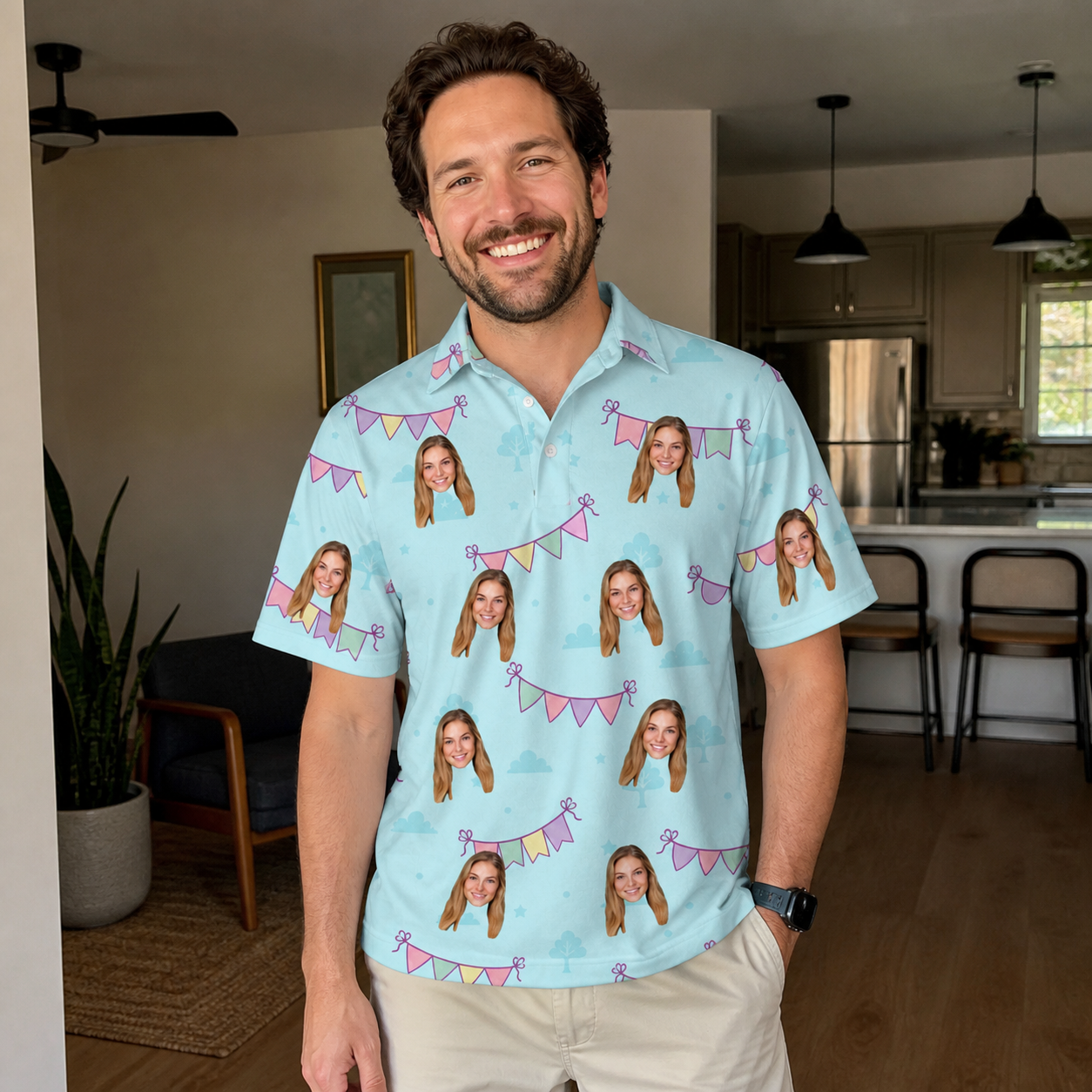 Real-life photo of someone wearing Men's Festoon Fling Custom Face Polo Shirt — custom faces printed all-over