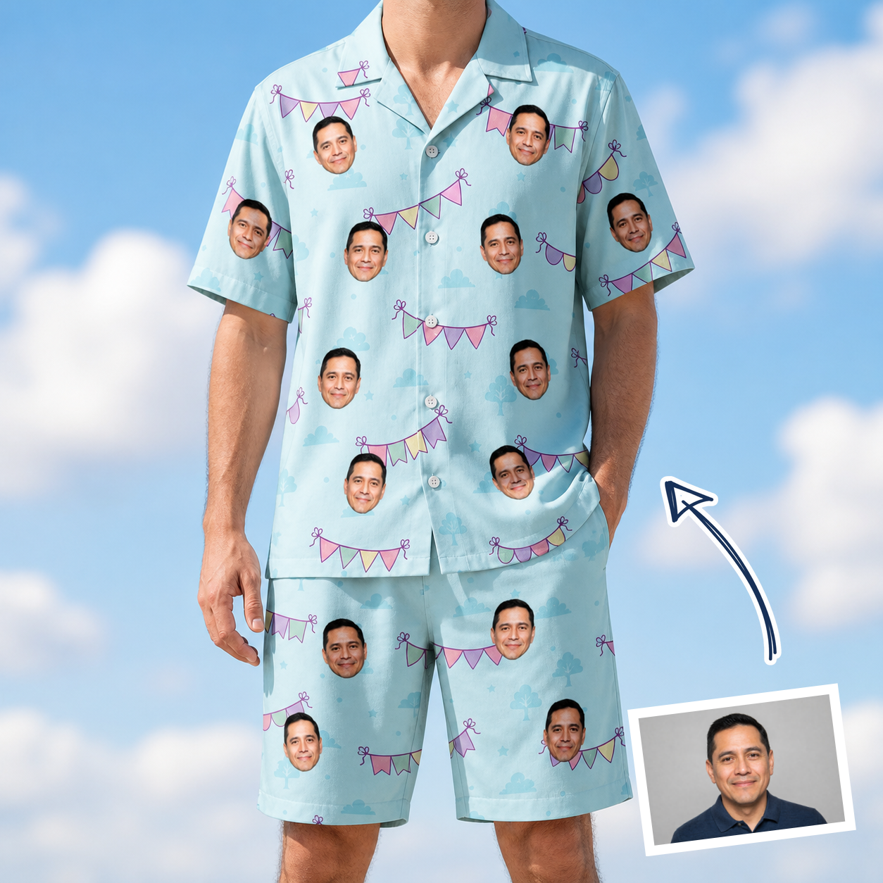 Man wearing Men's Festoon Fling Custom Face Shirt & Shorts Set — custom faces printed all-over