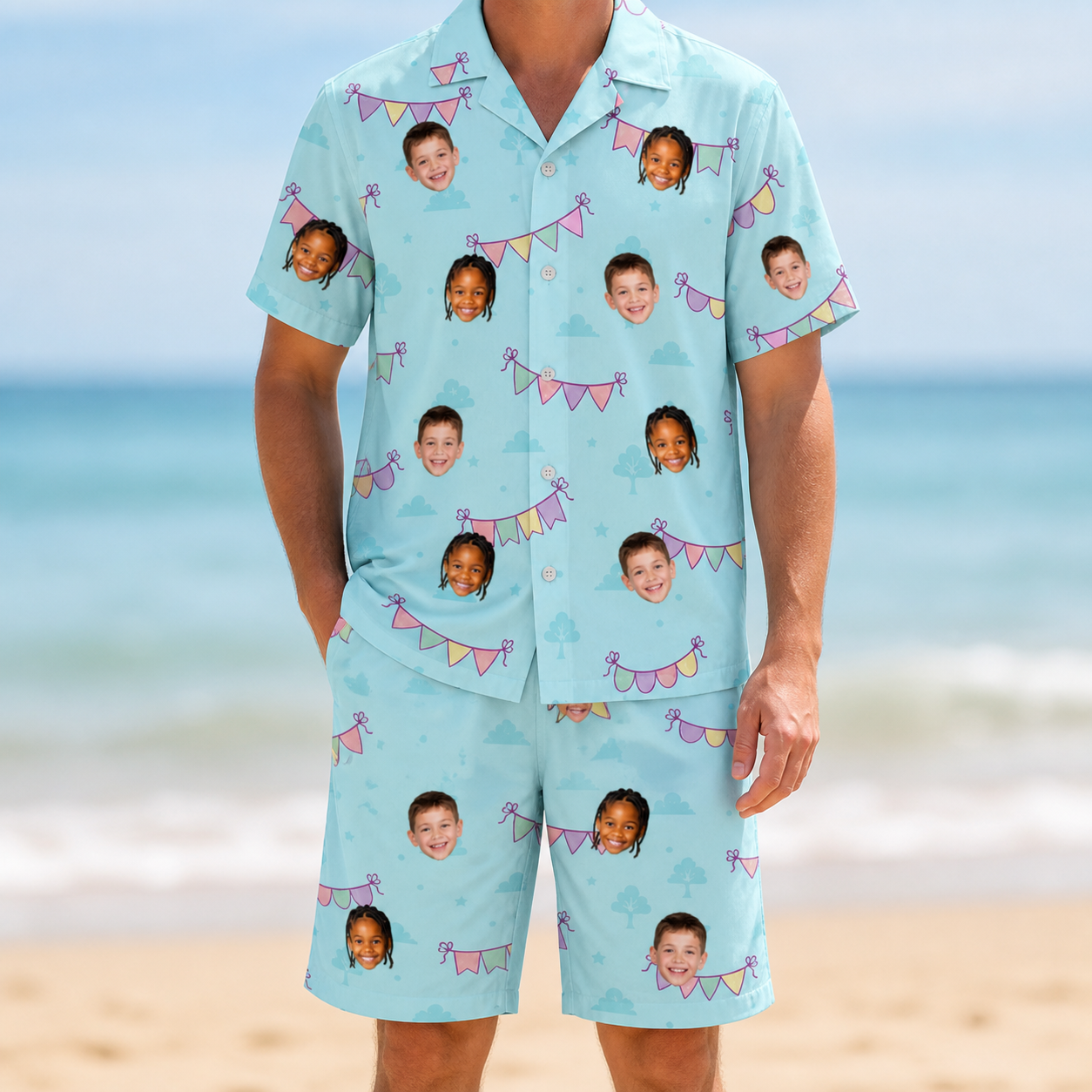 Model wearing Men's Festoon Fling Custom Face Shirt & Shorts Set printed with kids' faces