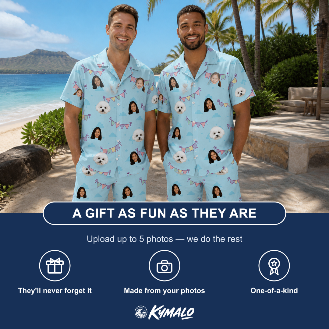Friends in matching Men's Festoon Fling Custom Face Shirt & Shorts Set — a group gift photo