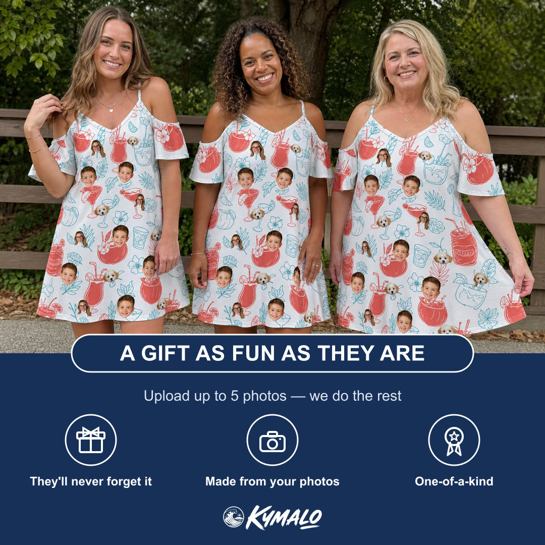 Friends in matching Women's Engaged Elixirs Custom Face Off-Shoulder Dress — a group gift photo