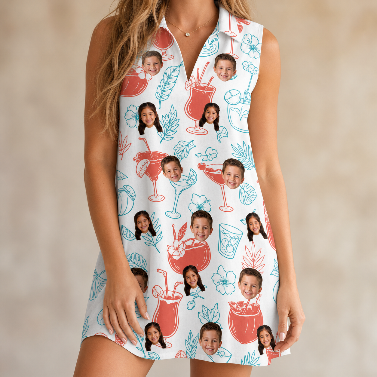 Model wearing Women's Engaged Elixirs Custom Face V-Neck Dress printed with kids' faces