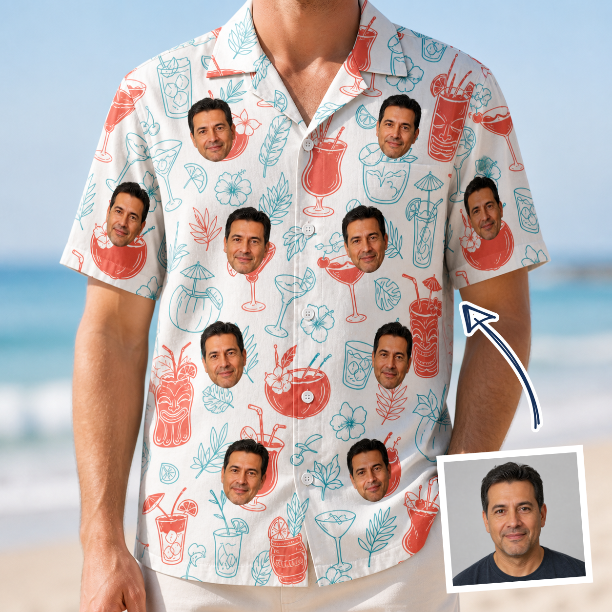 Man wearing Men's Engaged Elixirs Custom Face Hawaiian Shirt — custom faces printed all-over