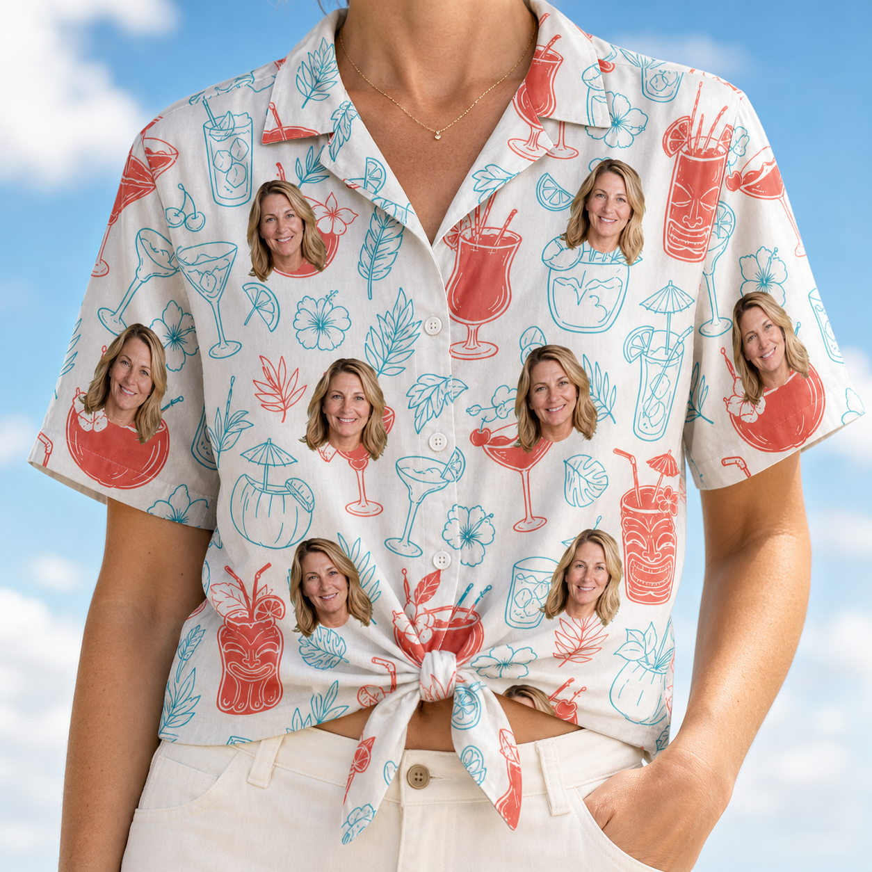 Woman wearing Women's Engaged Elixirs Custom Face Hawaiian Shirt tied at the waist