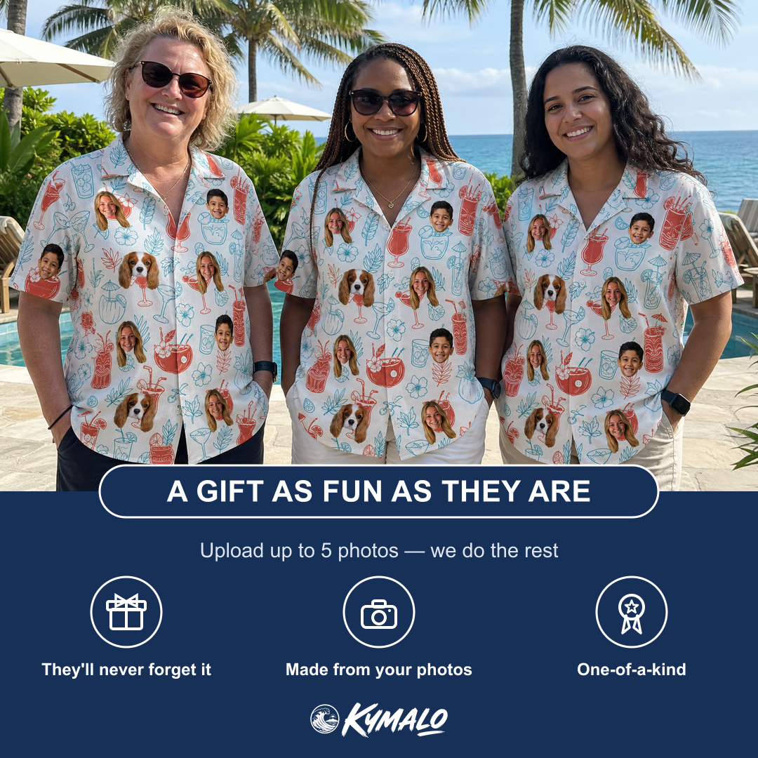 Friends in matching Women's Engaged Elixirs Custom Face Hawaiian Shirt — a group gift photo