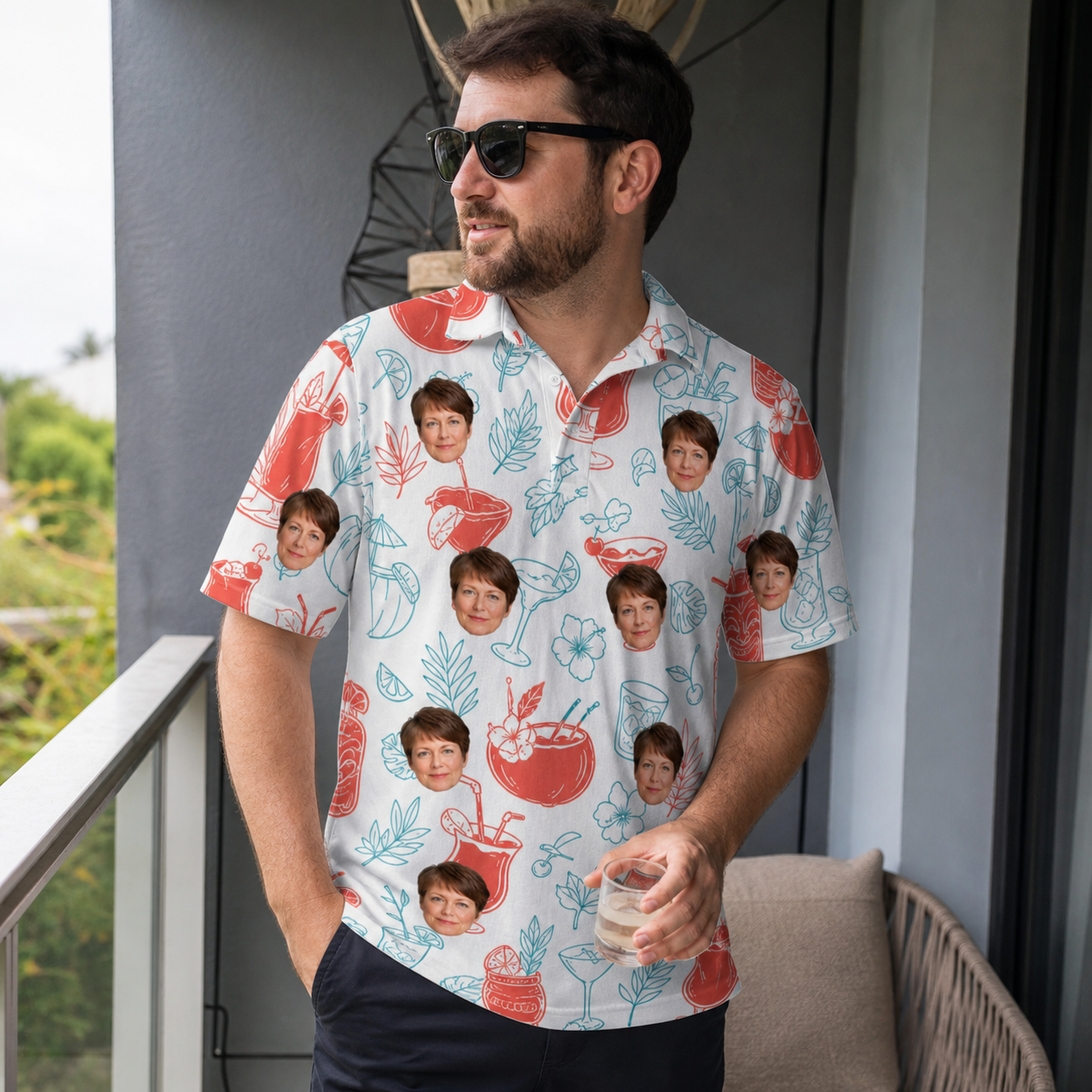 Real-life photo of someone wearing Men's Engaged Elixirs Custom Face Polo Shirt — custom faces printed all-over