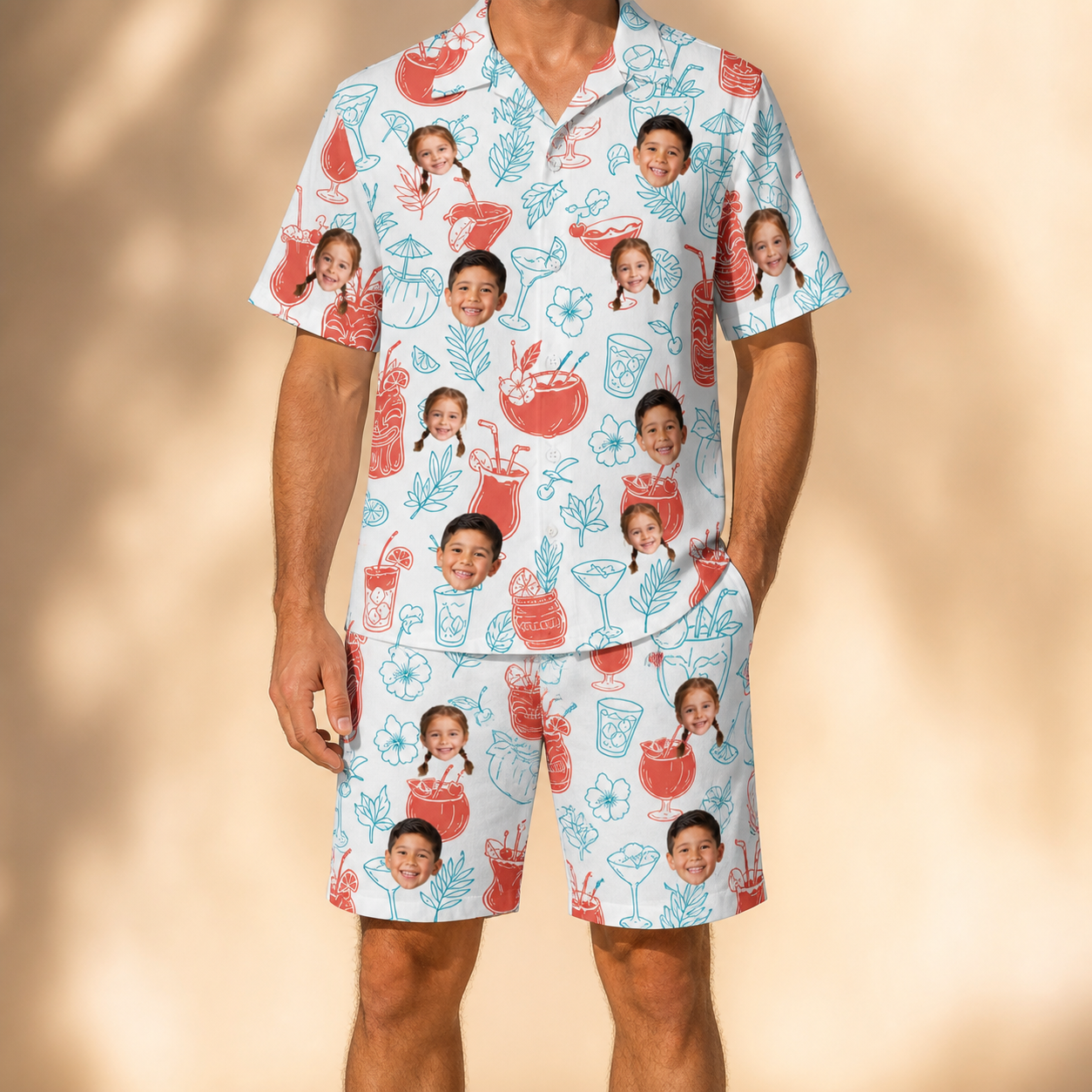 Model wearing Men's Engaged Elixirs Custom Face Shirt & Shorts Set printed with kids' faces