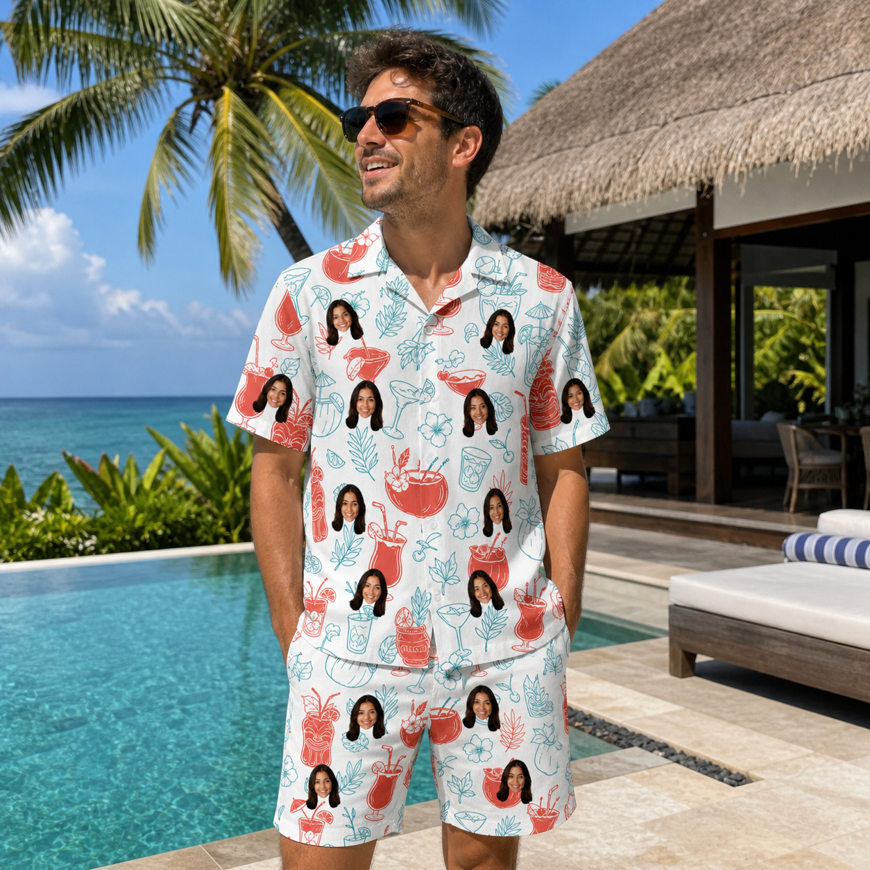Real-life photo of someone wearing Men's Engaged Elixirs Custom Face Shirt & Shorts Set — custom faces printed all-over