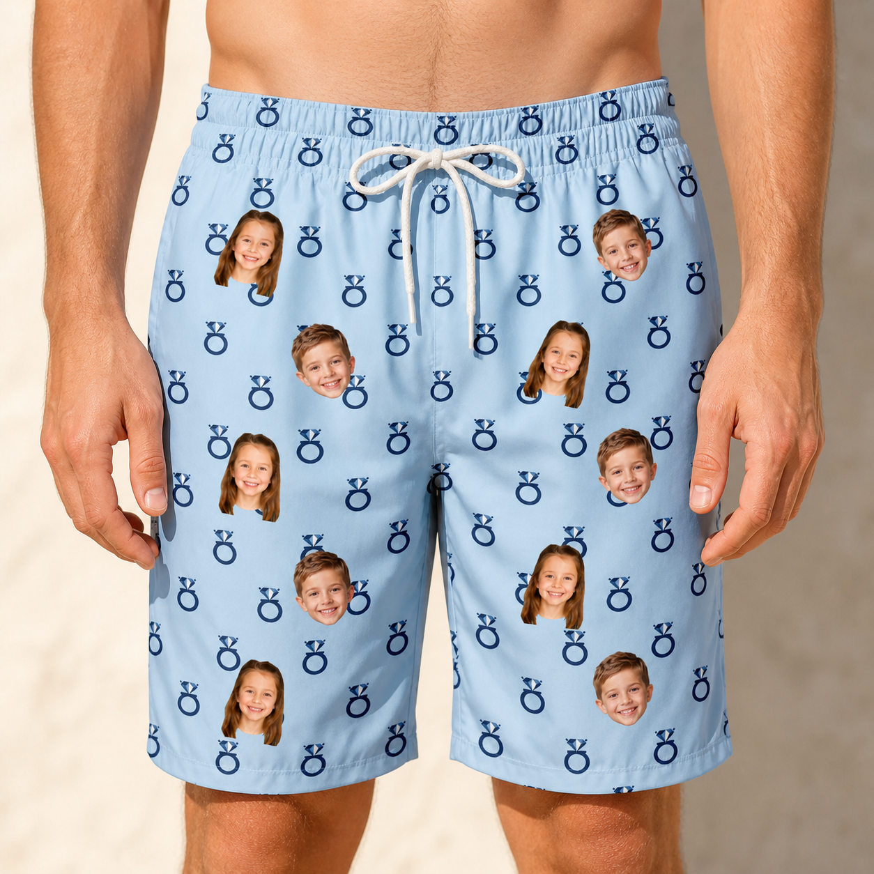 Model wearing Men's Lovebound Luster Custom Face Beach Shorts printed with kids' faces