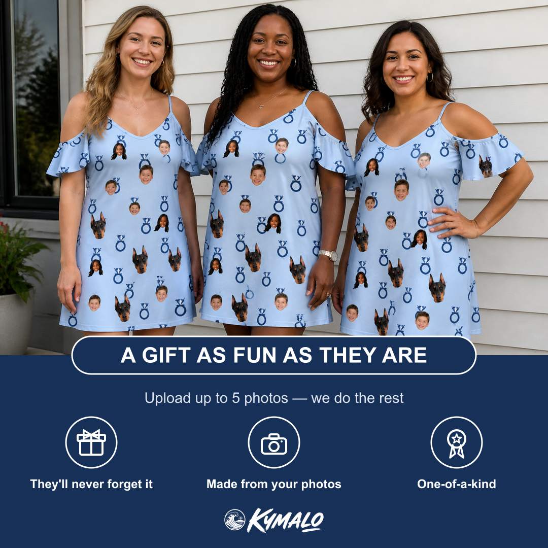 Friends in matching Women's Lovebound Luster Custom Face Off-Shoulder Dress — a group gift photo