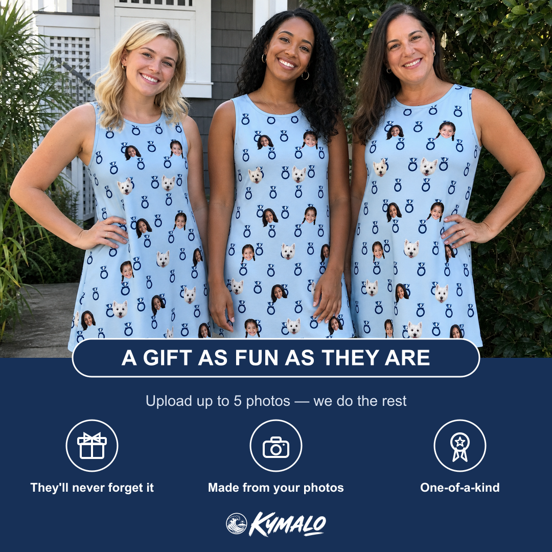 Friends in matching Women's Lovebound Luster Custom Face Tank Dress — a group gift photo