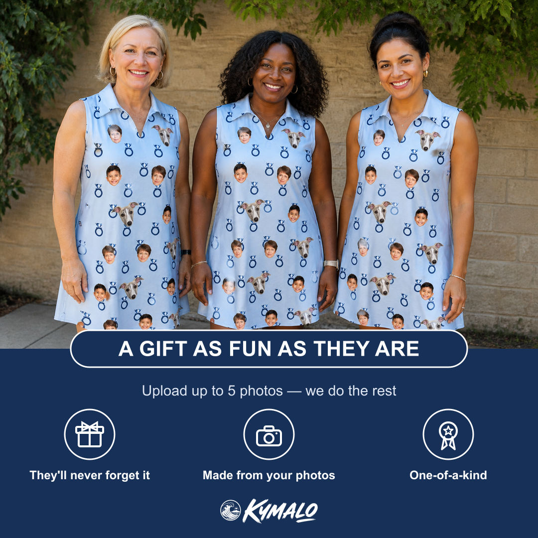 Friends in matching Women's Lovebound Luster Custom Face V-Neck Dress — a group gift photo
