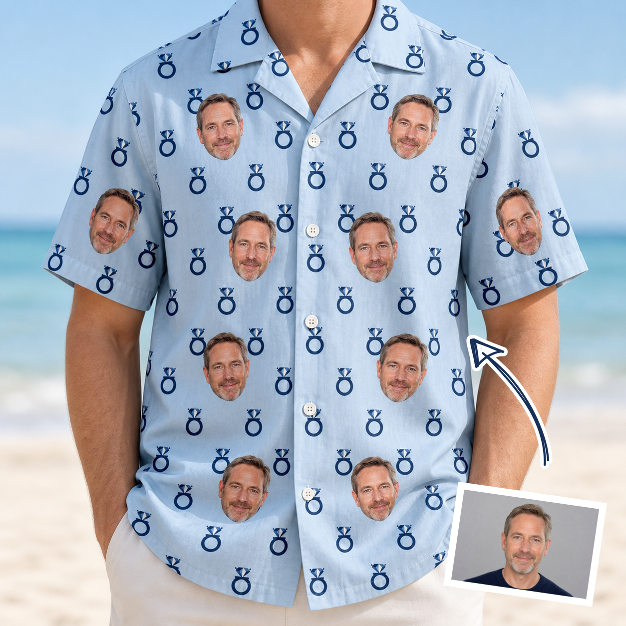 Man wearing Men's Lovebound Luster Custom Face Hawaiian Shirt — custom faces printed all-over