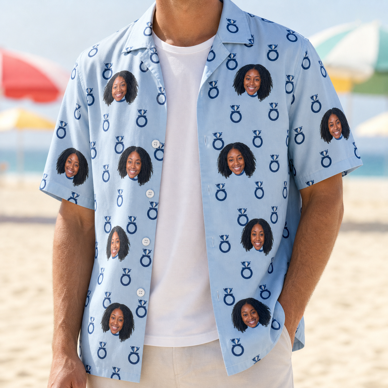 Man wearing Men's Lovebound Luster Custom Face Hawaiian Shirt open over a white tee