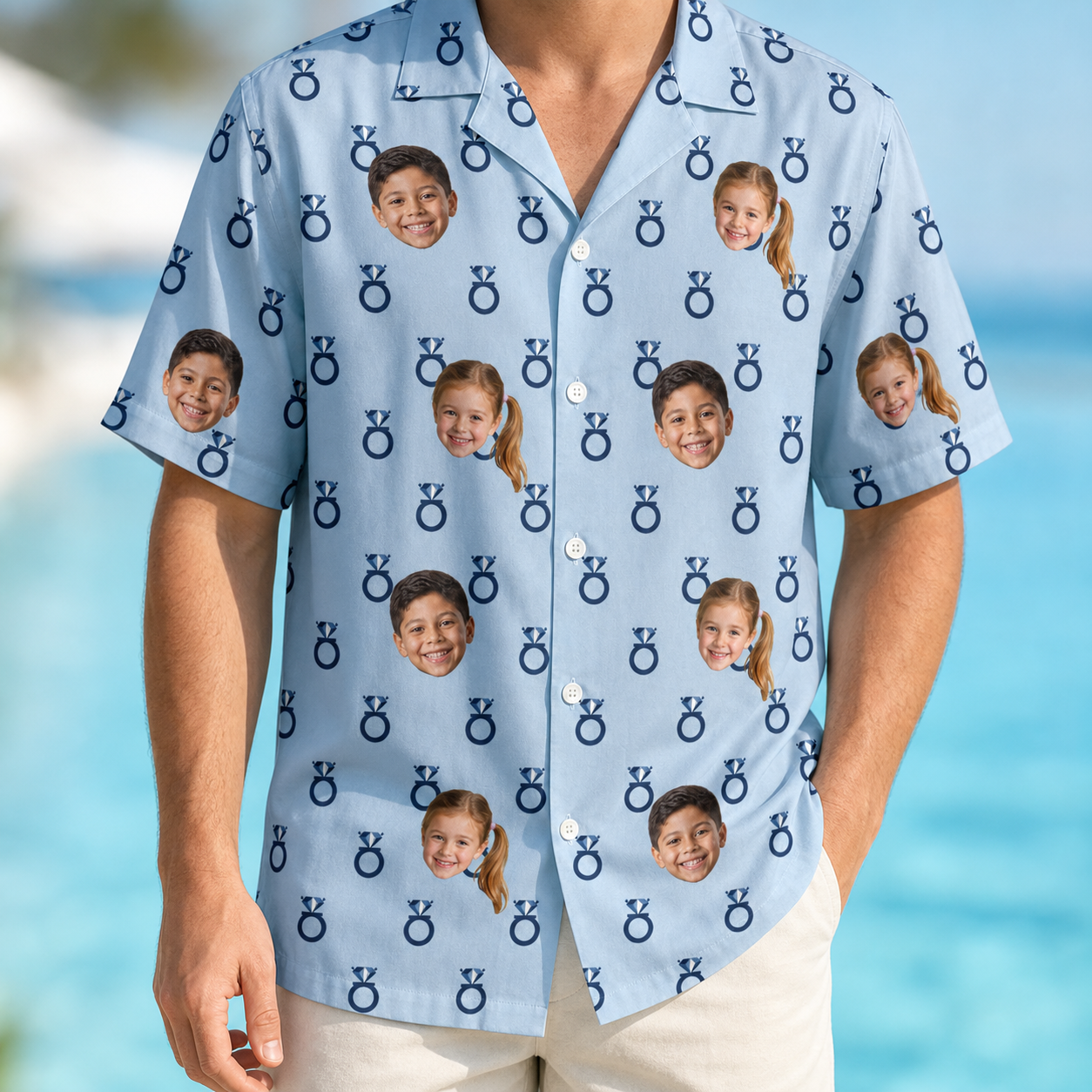 Model wearing Men's Lovebound Luster Custom Face Hawaiian Shirt printed with kids' faces