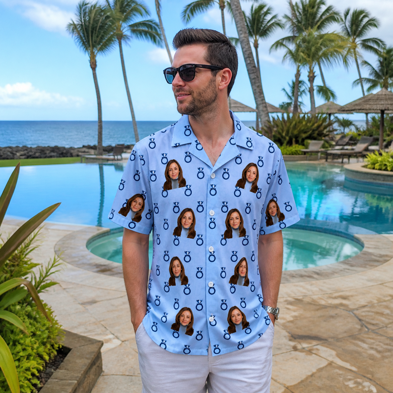 Real-life photo of someone wearing Men's Lovebound Luster Custom Face Hawaiian Shirt — custom faces printed all-over