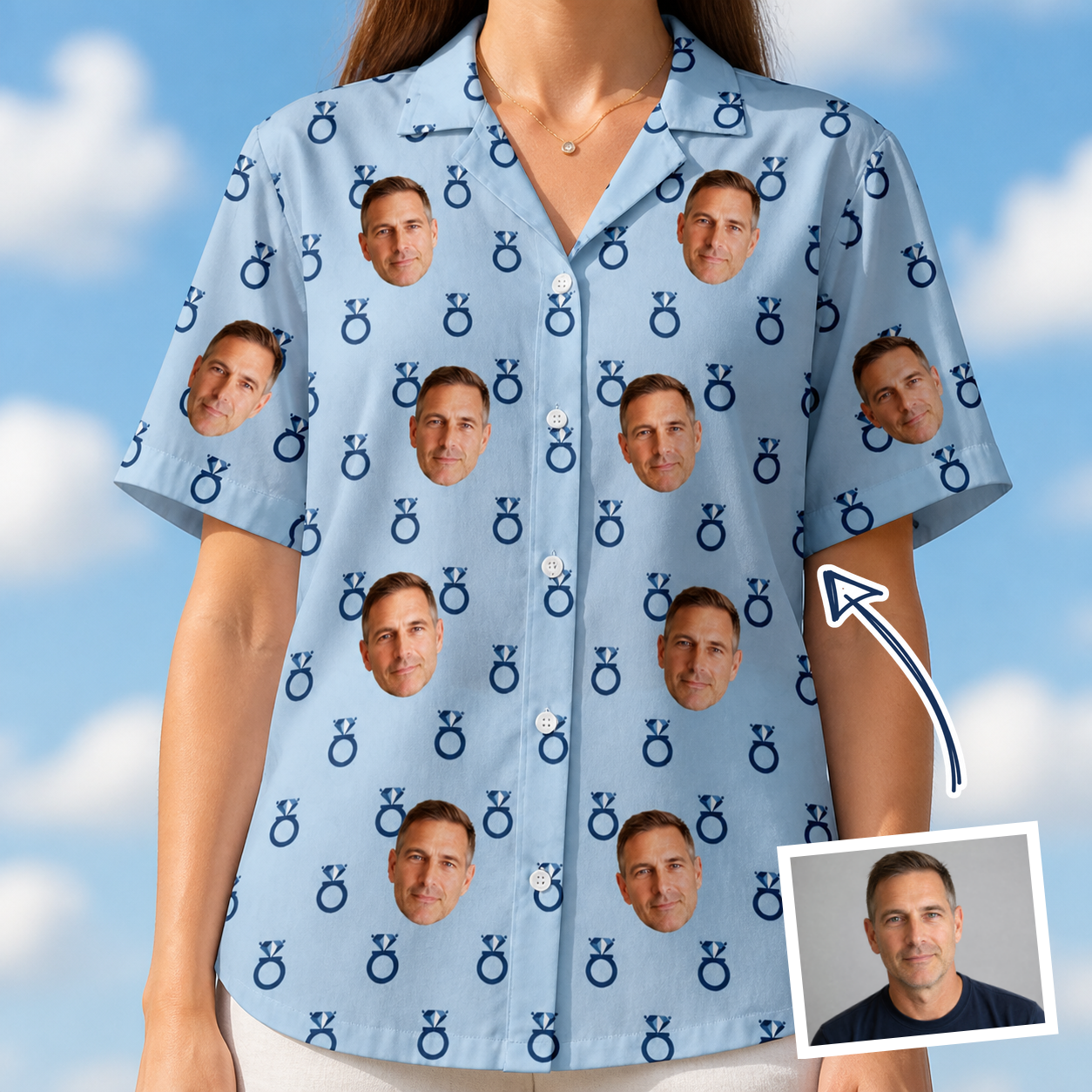 Woman wearing Women's Lovebound Luster Custom Face Hawaiian Shirt — custom faces printed all-over
