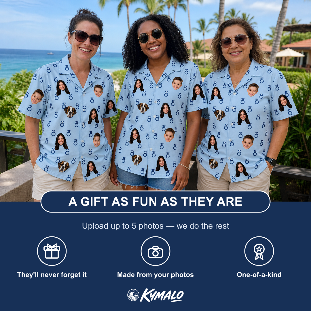 Friends in matching Women's Lovebound Luster Custom Face Hawaiian Shirt — a group gift photo