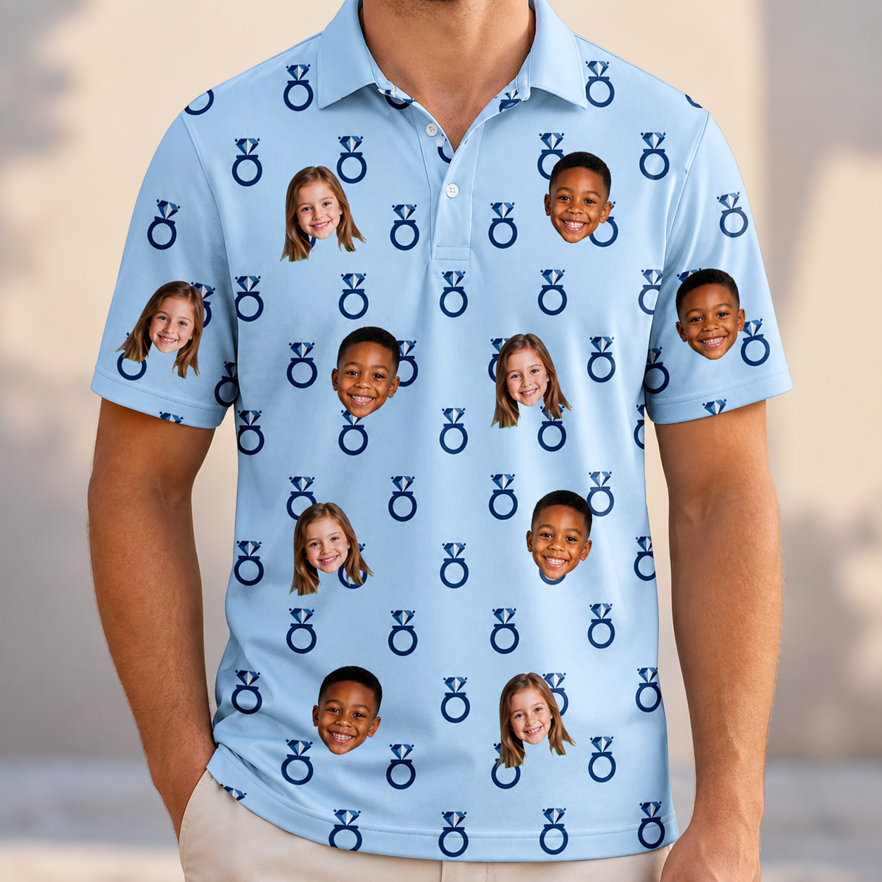 Model wearing Men's Lovebound Luster Custom Face Polo Shirt printed with kids' faces